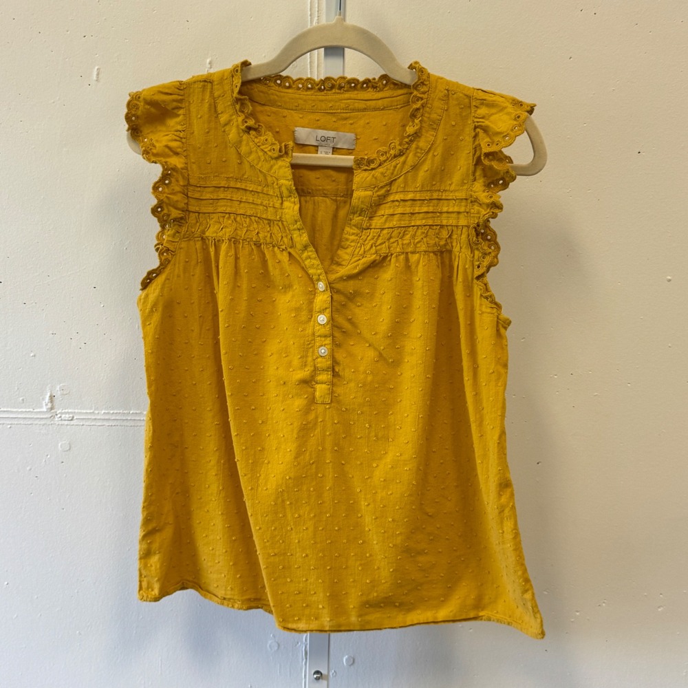 LOFT Mustard Yellow Swiss Dot Eyelet Ruffle Sleeve Blouse Top Women's Small Boho